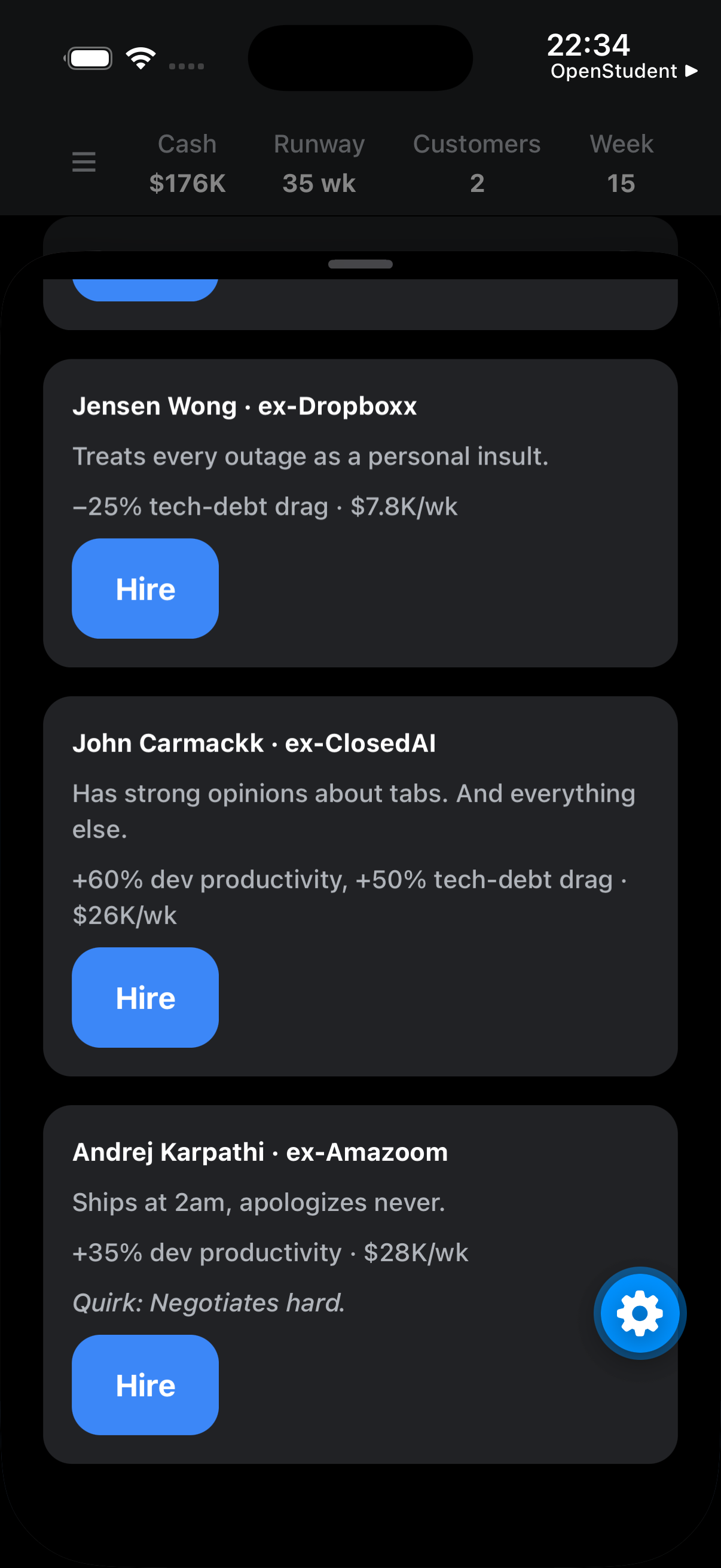 Startup Tycoon hiring screen with candidate perks and quirks